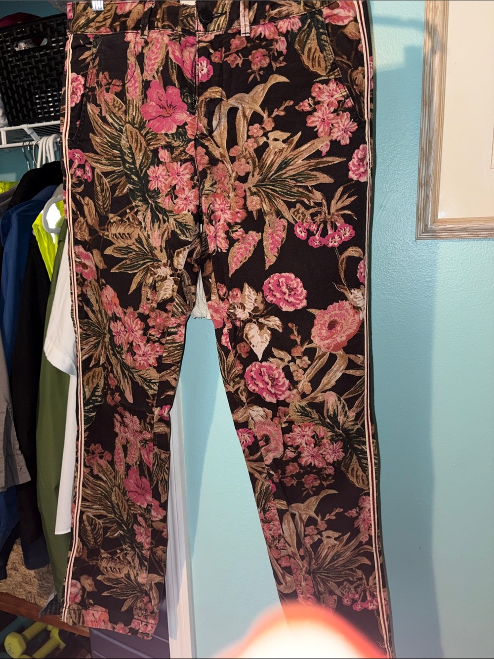 Chino by Anthropologie Floral Track Pants in Black with Pink & Olive Accents